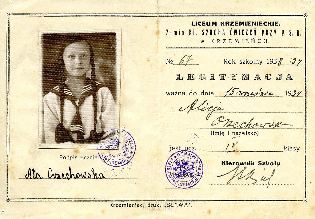 KKE 098.jpg - Legitymacja szkolna Alicji Orzechowskiej, Krzemieniec, 1933 r.